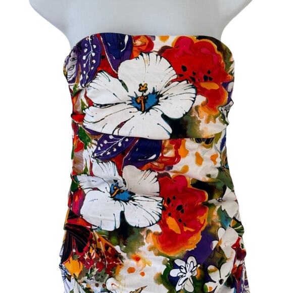 Suzi Chin Orange Green White Floral Ruched Strapless Bodycon Mini Dress Size 8 - Picture 8 of 10